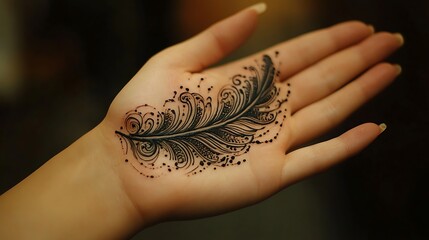 An intricate feather henna tattoo gracefully wrapping along the side of the hand, detailed with tiny dots and swirling lines for added depth, illuminated by soft natural light,