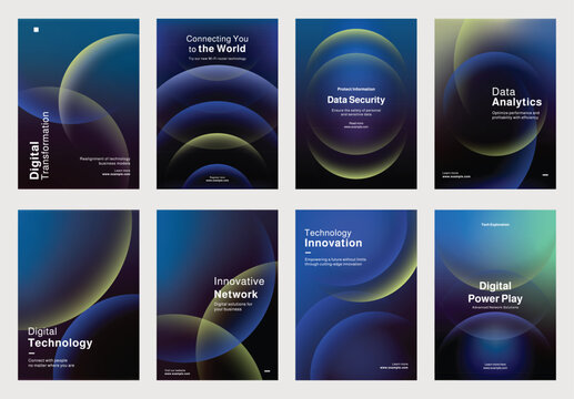 Set of poster templates in blue with digital technology and data security. Poster template vector set. Set of modern technology-themed posters, showcasing digital data analytics, and innovation.