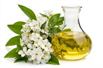 White Flowers and Glass Bottle of Yellow Oil on White Background