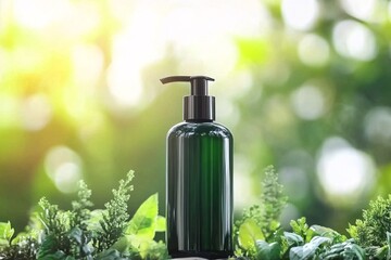 Green Pump Bottle Product Mockup in Nature Setting with Sunlight