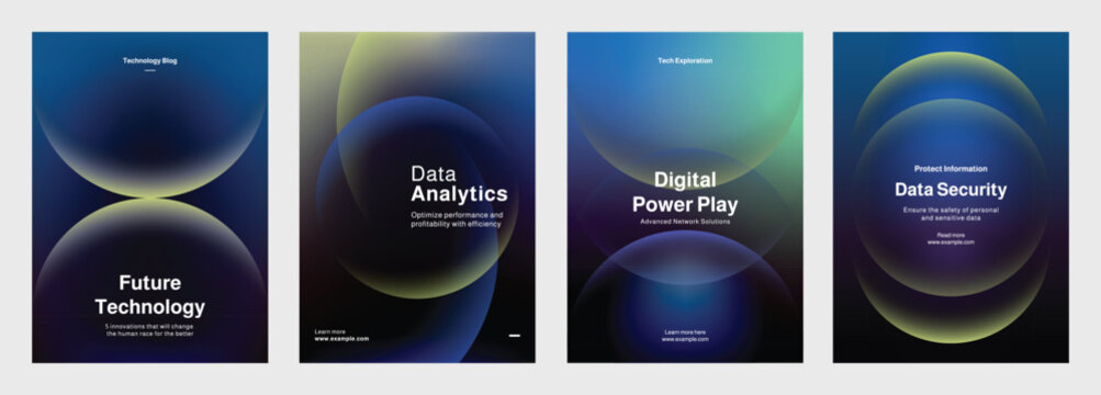 Set of four data technology-themed posters, showcasing digital data analytics, and innovation. Set of poster templates in blue with abstract design. Poster template vector set.