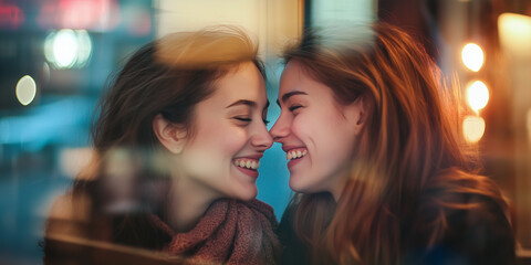 Happy young couple about to kiss, smiling at each other.
