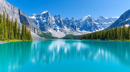 Fototapeta premium Turquoise Lake with Snowy Mountain Peaks in Canada