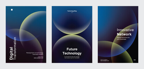 Three modern marketing themed poster template, showcasing digital data analytics, and innovation. Set of blue gradient with digital technology and data security. Poster template vector set.