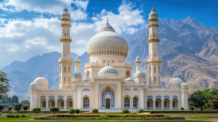 Obraz premium A white mosque with a blue dome and two minarets stands in front of a mountain range under a blue sky with white clouds.