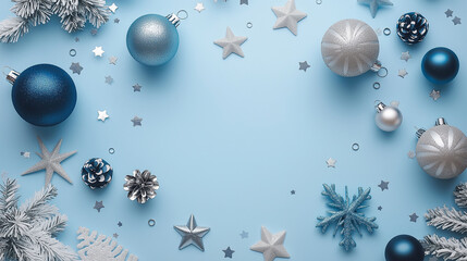 christmas decorations on blue background, christmas concept, copy space, flat lay, top view
