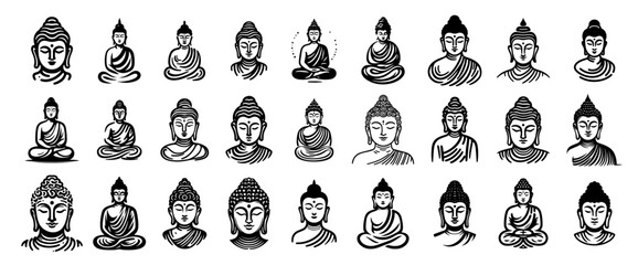 black and white set buddha vector religion buddhism prayer meditation spiritual