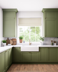 Stylish modern green kitchen with abundant natural light and aesthetic appeal