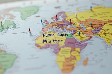 Naklejka premium Colorful world map with pins and 'Human Rights Matter' text.