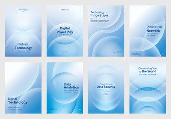 Set of digital technology-themed posters, showcasing digital data analytics, and innovation. Set of poster templates in blue with digital technology and data security. Poster template vector set.