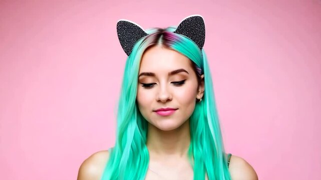 Playful Young Woman with Teal Hair and Cat Ears Headband