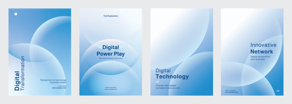Set of blue gradient abstract poster template. Digital technology-themed posters, showcasing digital data analytics, and innovation. Set of poster templates in blue with digital technology and data.