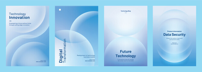 Set of four data technology-themed posters, showcasing digital data analytics, and innovation. Set of poster templates in blue with abstract design. Poster template vector set.