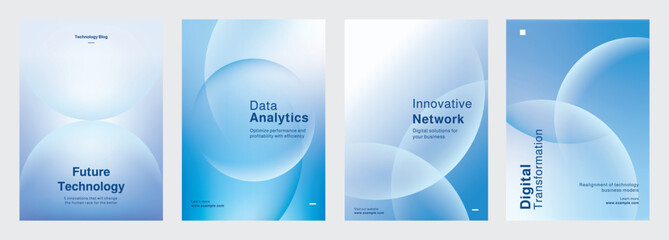 Set of blue gradient modern technology-themed posters, showcasing digital data analytics, and innovation. Set of poster templates in blue with digital technology and data security. Poster vector set.