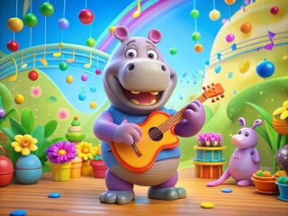 Naklejka premium Cartoon Hippo Character Singing and Playing Music - Fun and Colorful Product Photography