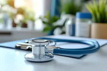 A stethoscope placed on a desk in a brightly lit medical office, symbolizing healthcare and medical diagnostics.