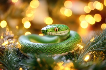 Fototapeta premium Green snake resting on an illuminated christmas tree branch, symbol of 2025 according to the Chinese calendar