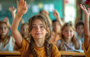 Fototapeta premium Young girl raising hand eagerly in classroom. Generative AI image