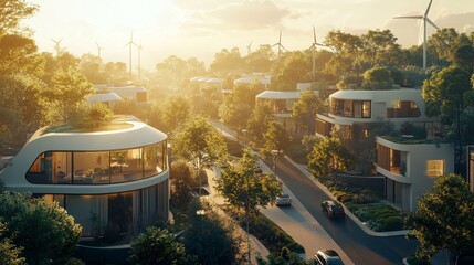 Obraz premium Modern eco-friendly housing in a lush, sustainable landscape.