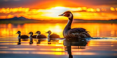 A Grebe hen silhouettes against the dusky Utah Lake, cradling her chicks. The serene water reflects twilight, a beautiful scene of nature's nurturing embrace.