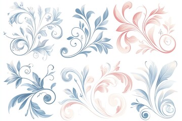Beautiful floral patterns with delicate swirls in pastel colors on white isolated background.