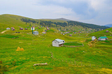 village in the mountains with forest and clouds in the background