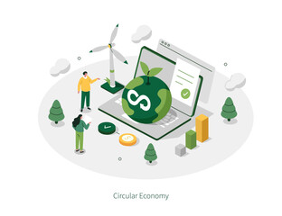 Circular economy concept. Sustainable economic development, Co2 emission impact. Green industry, environment, environmental responsibility infographic. Flat isometric vector illustration.
