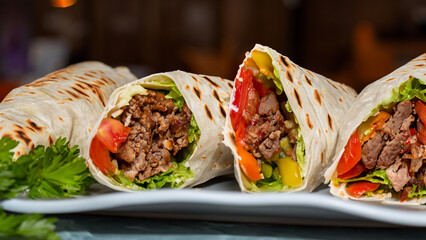 Fresh grilled beef turkish or chicken arabic shawarma doner sandwich.