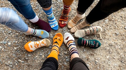 Group of friends showing off their colorful socks, feet in a circle, National Sock Day togetherness
