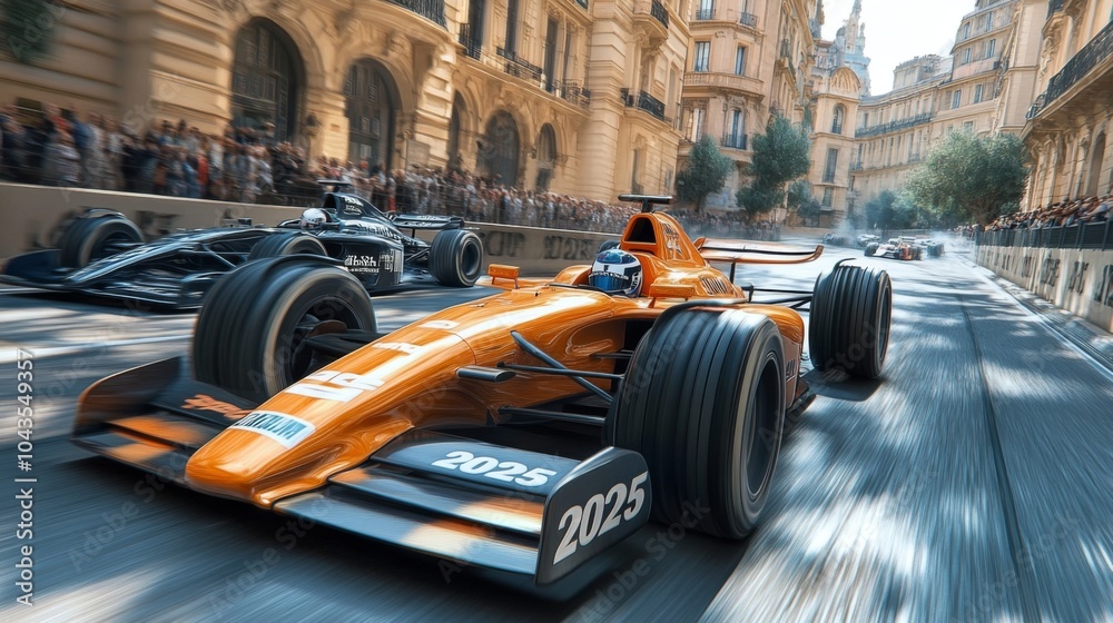 Poster high-performance race cars navigate narrow city streets filled with spectators. the intense atmosphe