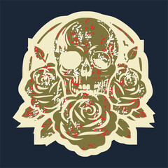 Skull head with rose of vintage illustration