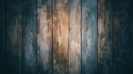 A close-up view of weathered wooden planks, showcasing various shades of brown, gray, and blue, creating a rustic and textured appearance.