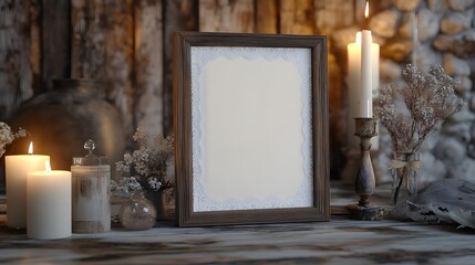 Blank mockup template of an invitation card framed by a rustic wooden frame, lace, and candles.