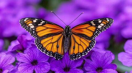 Naklejka premium Monarch Butterfly on Purple Flowers Closeup Macro Photography