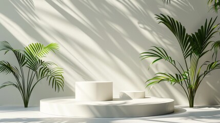 Abstract white space, cylinder podium set, palm leaf shadows, elegant product showcase