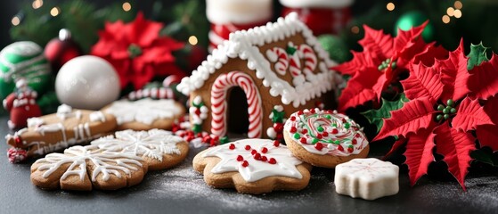 Fototapeta premium Festive gingerbread house with cookies and holiday decorations, isolated background.