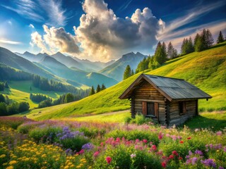 Fototapeta premium A quaint hut nestled in a tranquil green valley, surrounded by lush nature. A perfect spot for photographers seeking blissful landscapes and serene moments.