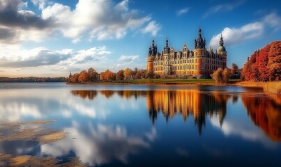 Obraz premium Frederiksborg Castle, in the town of Hillered on Lake Slotsse. Panorama. Denmark. XVI century. Copenhagen, Denmark, Europe