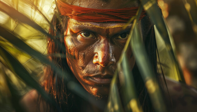 Guarani man in traditional attire hiding in the jungle. Generative AI image