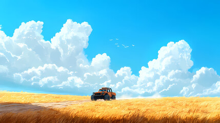 Naklejka premium A lone off-road vehicle drives across a vast golden field under a bright blue sky with fluffy white clouds. Sky Fortress. Illustration