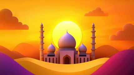 Serene Mosque Silhouette at Sunset with Soft Clouds