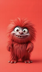 Funny fluffy red monster isolated on bright pure red background. Happy and fluffy little monster. Adorable yeti. Halloween character.