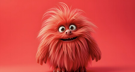 Fototapeta premium Funny fluffy red monster isolated on bright pure red background. Happy and fluffy little monster. Adorable yeti. Halloween character.