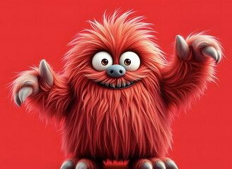 Fototapeta premium Funny fluffy red monster isolated on bright pure red background. Happy and fluffy little monster. Adorable yeti. Halloween character.