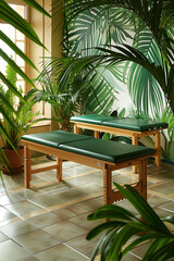 Fototapeta premium Tranquil massage room with natural greenery and sunlight. Generative AI image
