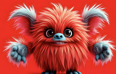 Fototapeta premium Funny fluffy red monster isolated on bright pure red background. Happy and fluffy little monster. Adorable yeti. Halloween character.