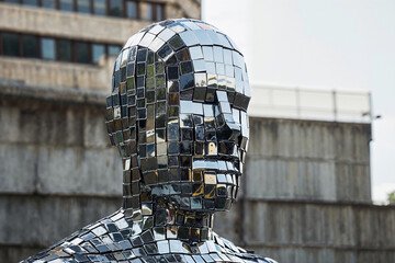 Mirrored mosaic sculpture of a human head outdoors. Generative AI image