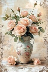 Obraz premium Beautiful floral arrangement of delicate pink roses in an elegant vase capturing the essence of nature's beauty and serenity