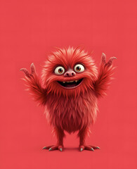 Fototapeta premium Funny fluffy red monster isolated on bright pure red background. Happy and fluffy little monster. Adorable yeti. Halloween character.