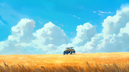 Naklejka premium A lone off-road vehicle drives across a vast golden field under a bright blue sky with fluffy white clouds. Sky Fortress. Illustration